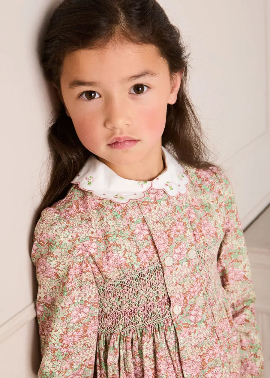 Viola Floral Hand Smocked Double Breasted Embroidered Collar Dress in Green (12mths-10yrs) Dresses from Pepa London