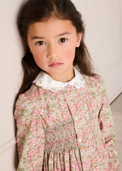 Viola Floral Hand Smocked Double Breasted Embroidered Collar Dress in Green (12mths-10yrs) Dresses from Pepa London