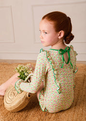 Annie Apple Print Ruffle Detail Long Sleeve Swimsuit in Green (12mths- 10yrs) Swimwear from Pepa London