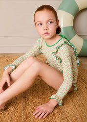 Annie Apple Print Ruffle Detail Long Sleeve Swimsuit in Green (12mths- 10yrs) Swimwear from Pepa London