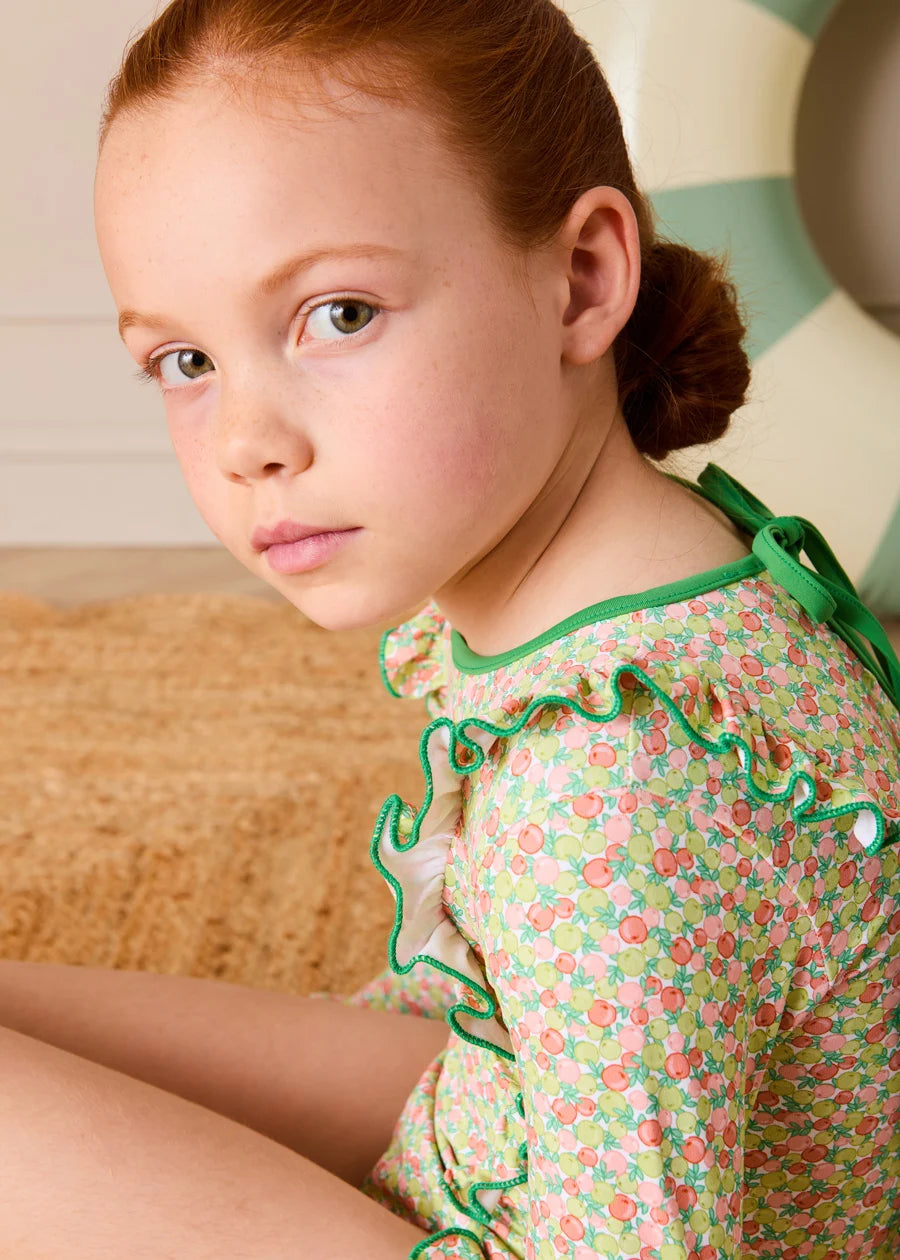 Annie Apple Print Ruffle Detail Long Sleeve Swimsuit in Green (12mths- 10yrs) Swimwear from Pepa London