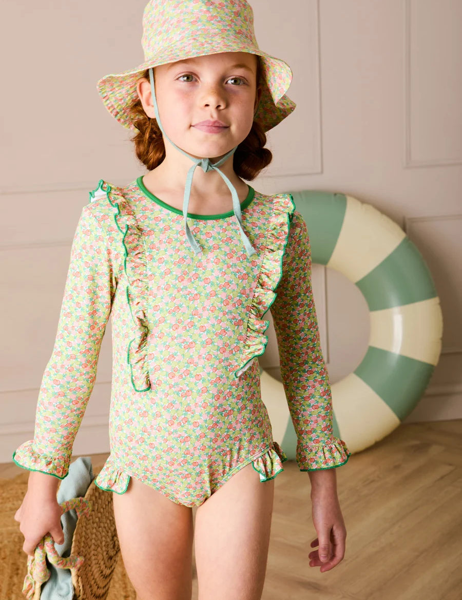 Annie Apple Print Ruffle Detail Long Sleeve Swimsuit in Green (12mths- 10yrs) SWIMWEAR from Pepa London