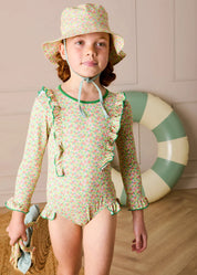 Annie Apple Print Ruffle Detail Long Sleeve Swimsuit in Green (12mths- 10yrs) Swimwear from Pepa London