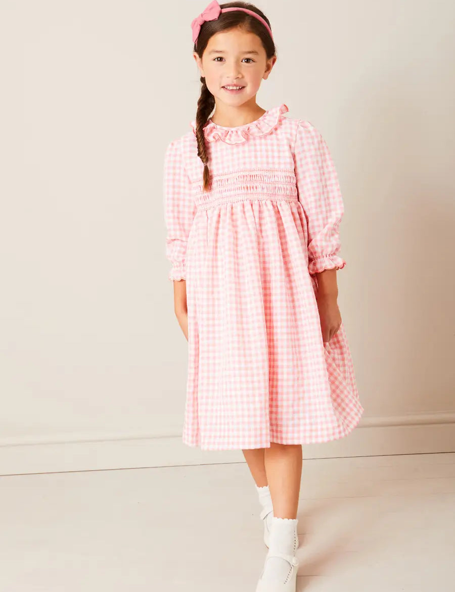 Gingham Smocked Ruffle Collar Long Sleeve Dress in Coral (12mths-10yrs) DRESSES from Pepa London