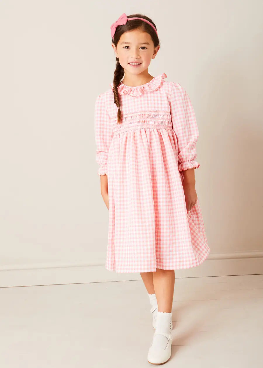 Gingham Smocked Ruffle Collar Long Sleeve Dress in Coral (12mths-10yrs) DRESSES from Pepa London