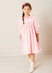 Gingham Smocked Ruffle Collar Long Sleeve Dress in Coral (12mths-10yrs) DRESSES from Pepa London