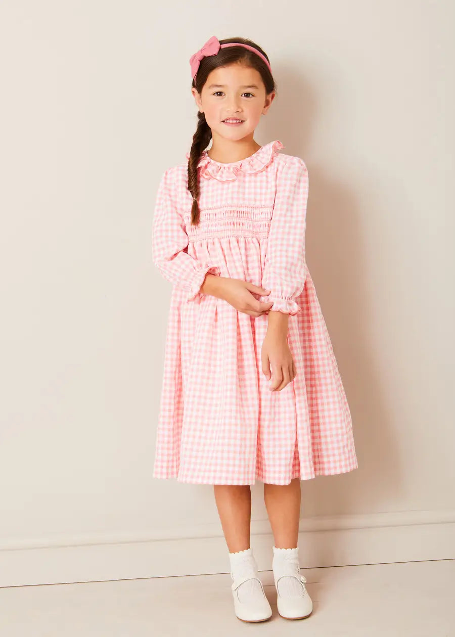 Gingham Smocked Ruffle Collar Long Sleeve Dress in Coral (12mths-10yrs) DRESSES from Pepa London