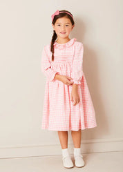 Gingham Smocked Ruffle Collar Long Sleeve Dress in Coral (12mths-10yrs) DRESSES from Pepa London