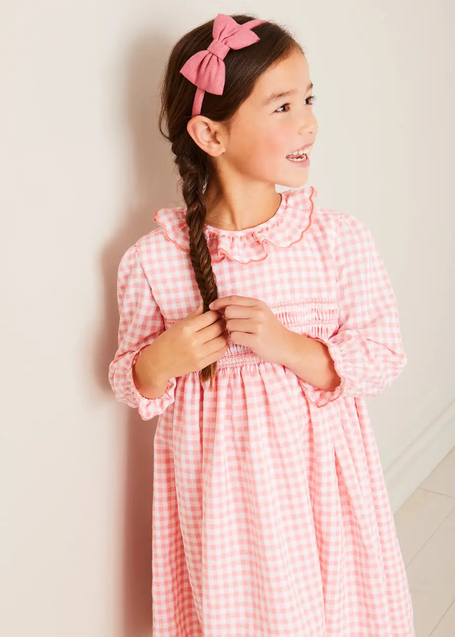 Gingham Smocked Ruffle Collar Long Sleeve Dress in Coral (12mths-10yrs) DRESSES from Pepa London