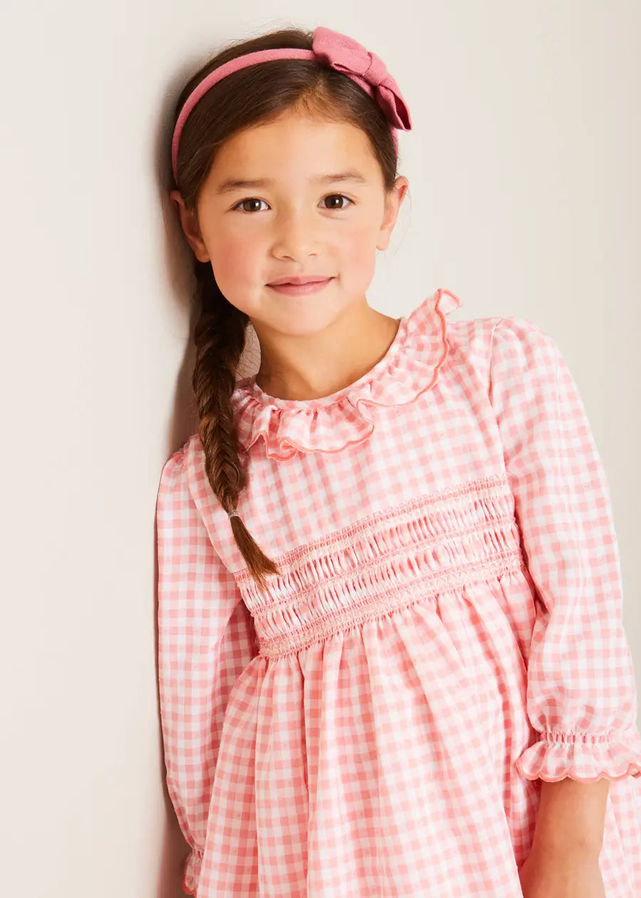 Gingham Smocked Ruffle Collar Long Sleeve Dress in Coral (12mths-10yrs) DRESSES from Pepa London