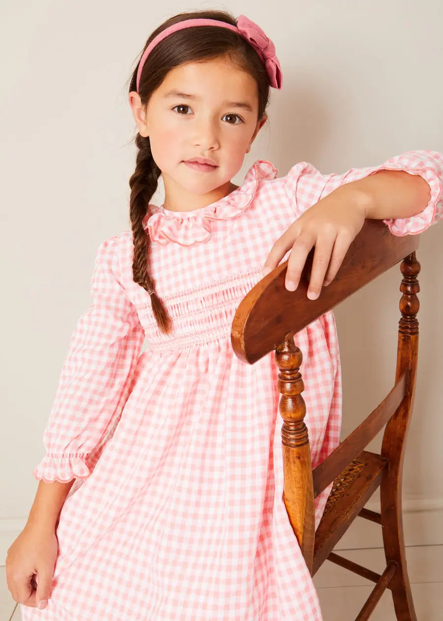 Gingham Smocked Ruffle Collar Long Sleeve Dress in Coral (12mths-10yrs) DRESSES from Pepa London