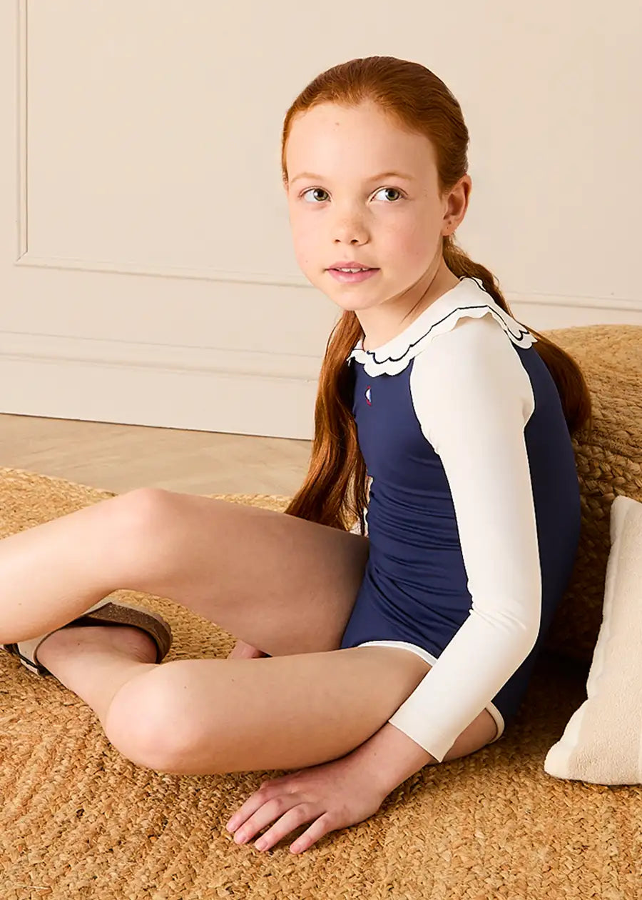 Ruffle Detail Long Sleeve Swimsuit in Navy (2-10yrs) Swimwear from Pepa London