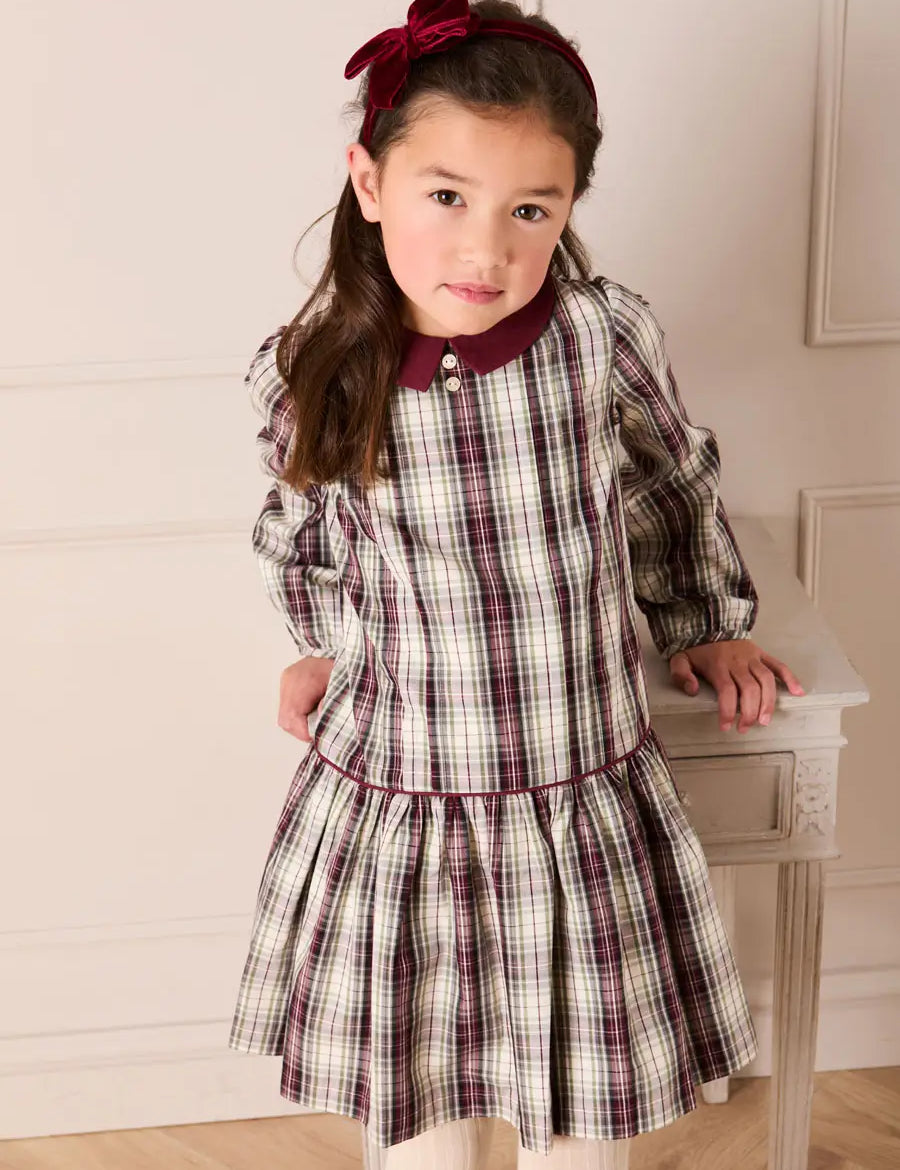 Whittaker Check Long Sleeve Pleated Dress in Burgundy (18mths-12yrs) Dresses from Pepa London