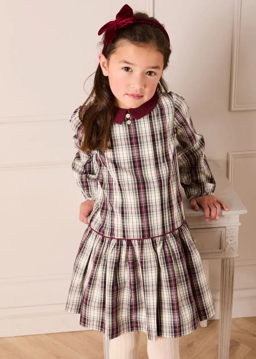 Whittaker Check Long Sleeve Pleated Dress in Burgundy (18mths-12yrs) Dresses from Pepa London