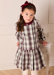 Whittaker Check Long Sleeve Pleated Dress in Burgundy (18mths-12yrs) Dresses from Pepa London