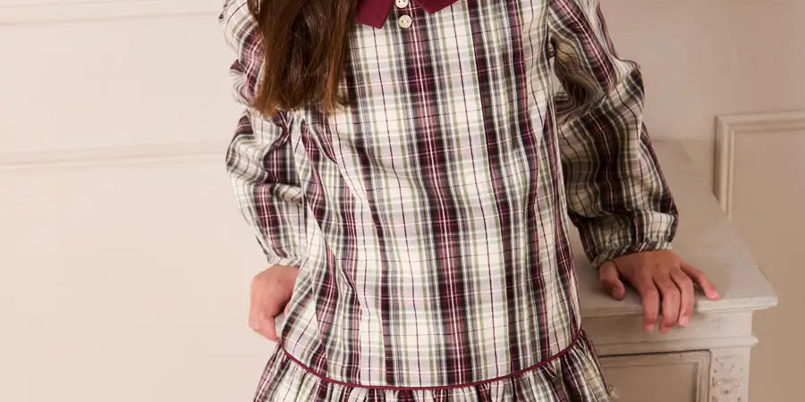 Whittaker Check Long Sleeve Pleated Dress in Burgundy (18mths-12yrs) Dresses from Pepa London