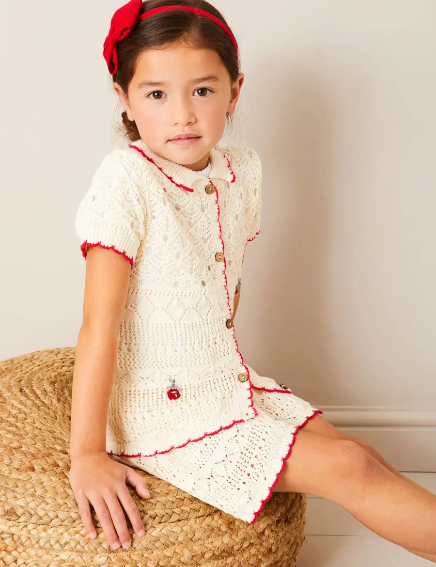 Crochet Cherry Detail Short Sleeve Cardigan in Beige (4-10yrs) KNITWEAR from Pepa London