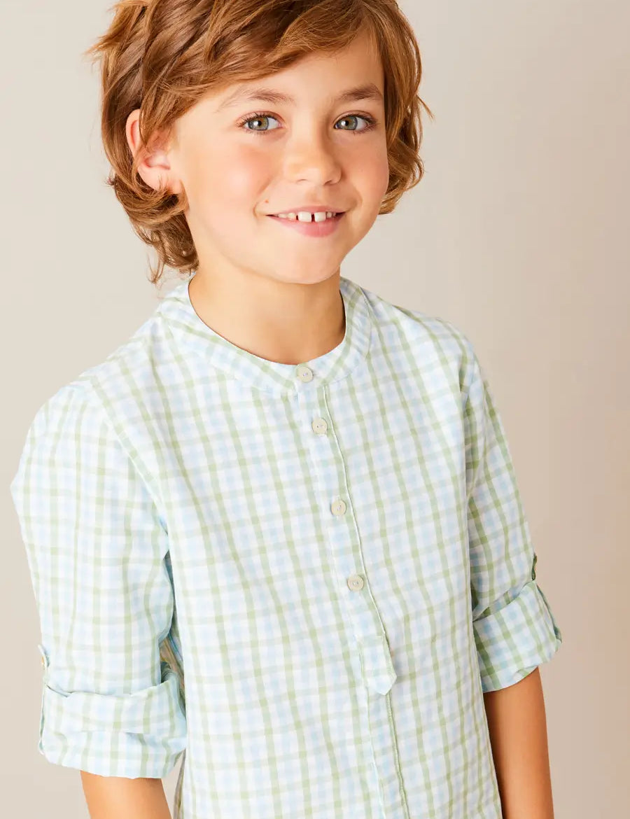 Maxwell Gingham Mao Collar Long Sleeve Shirt in Green (3-10yrs) SHIRTS from Pepa London