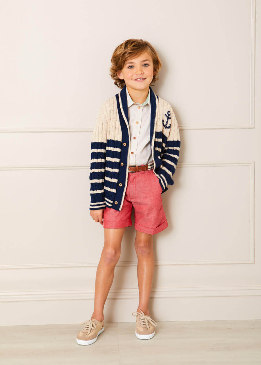 Anchor Motif Striped Cable Knit Cardigan in Navy (2-10yrs) Knitwear  from Pepa London
