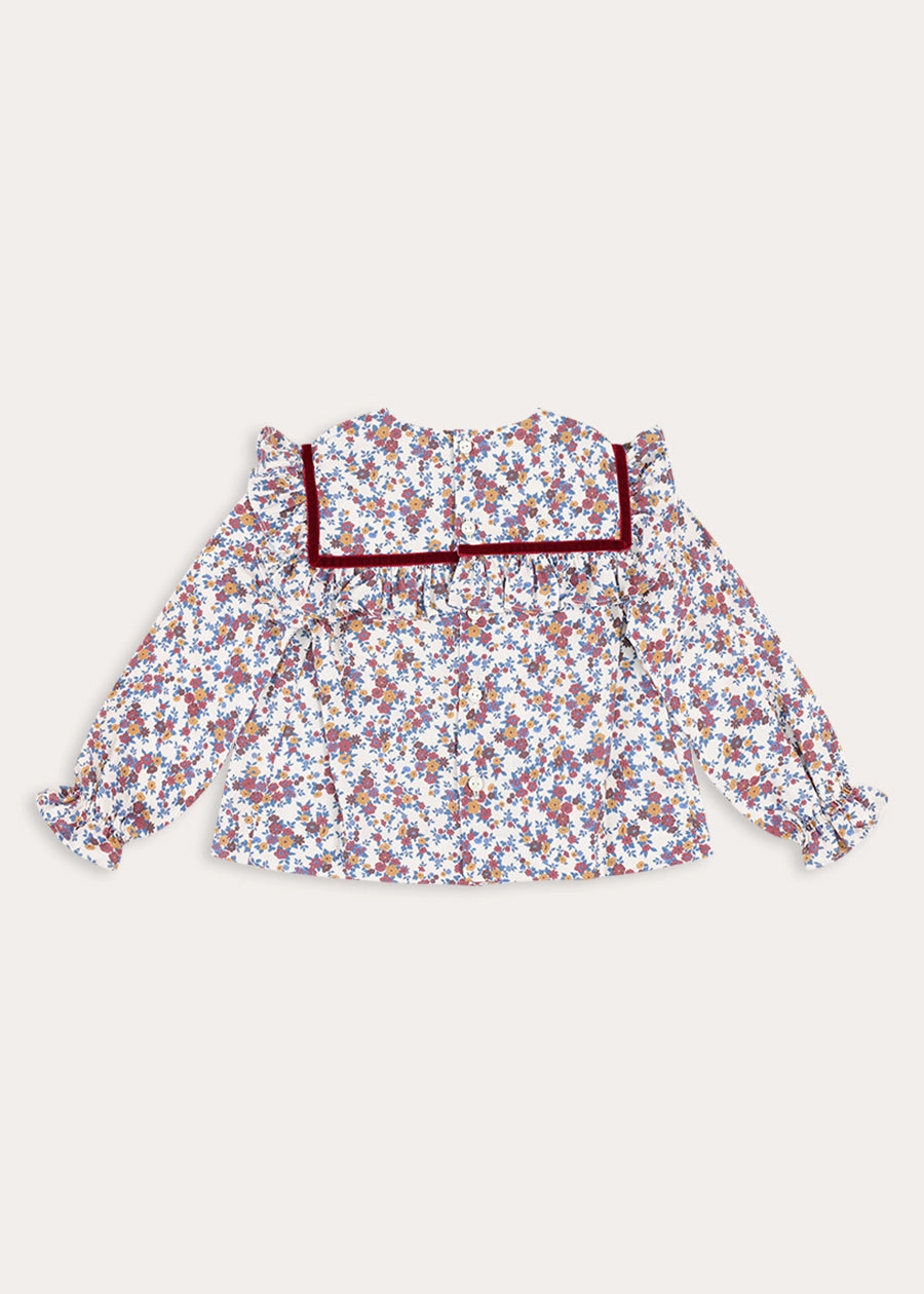 Victoria Floral Velvet Bow Detail Blouse in Burgundy (18mths-10yrs) Blouses from Pepa London
