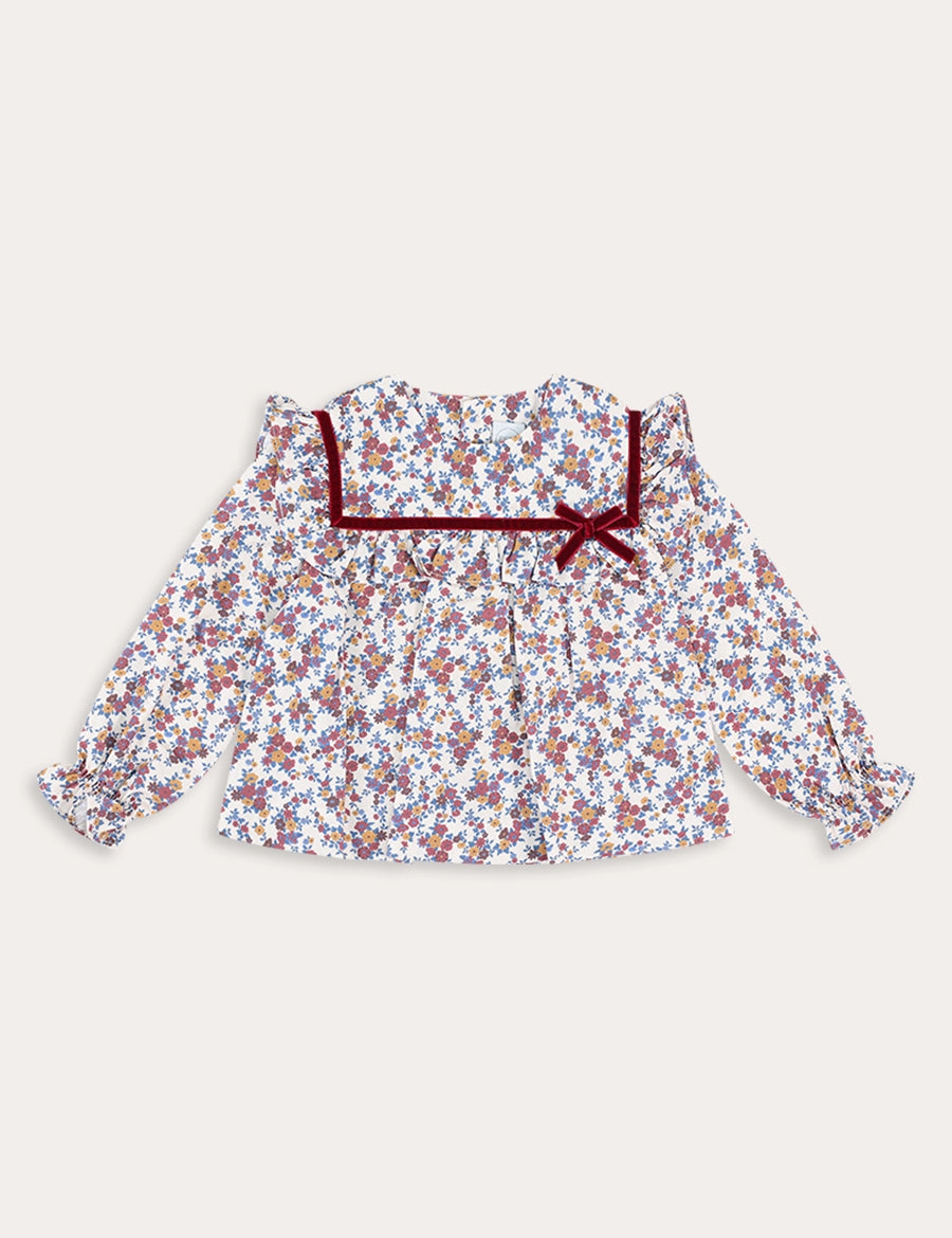 Victoria Floral Velvet Bow Detail Blouse in Burgundy (18mths-10yrs) Blouses from Pepa London