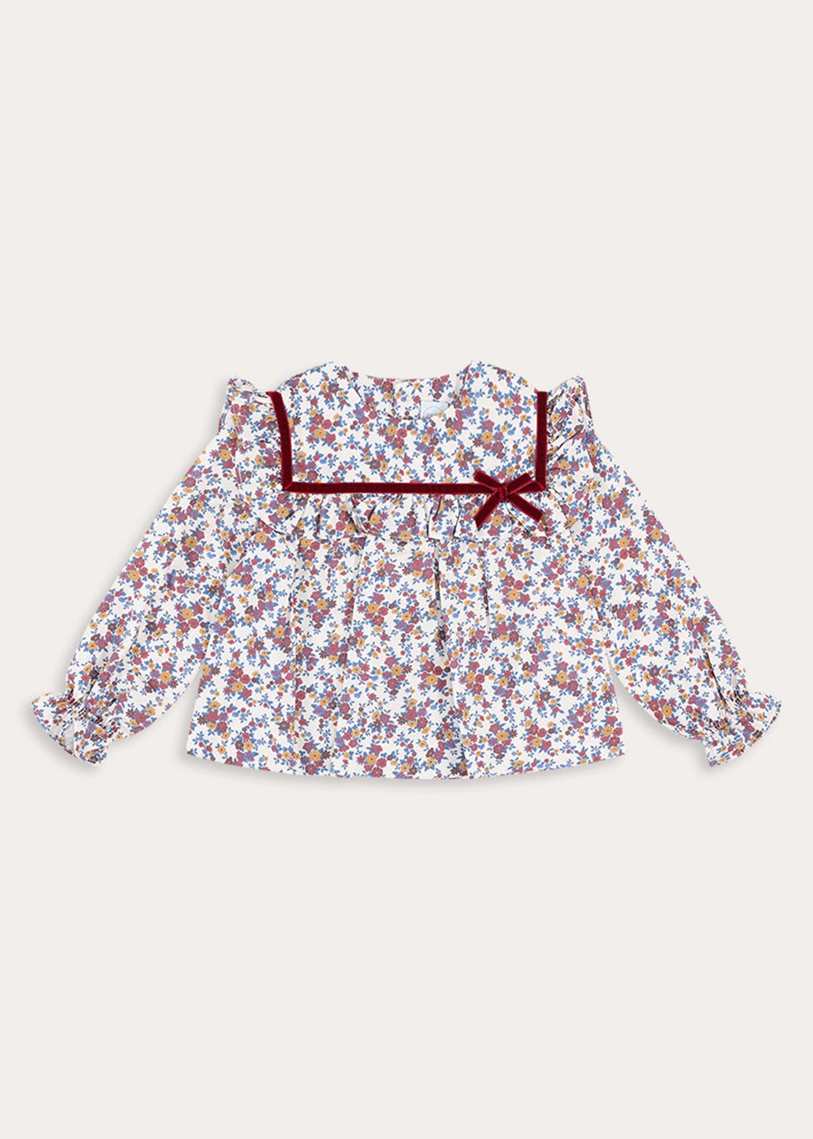 Victoria Floral Velvet Bow Detail Blouse in Burgundy (18mths-10yrs) Blouses from Pepa London