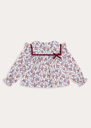 Victoria Floral Velvet Bow Detail Blouse in Burgundy (18mths-10yrs) Blouses from Pepa London