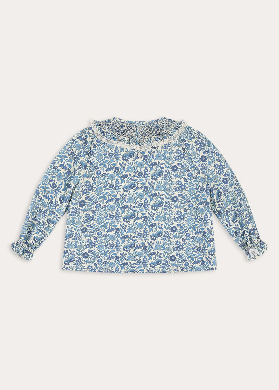 Daphne Floral Hand Smocked Blouse in Blue (18mths-10yrs) Blouses from Pepa London