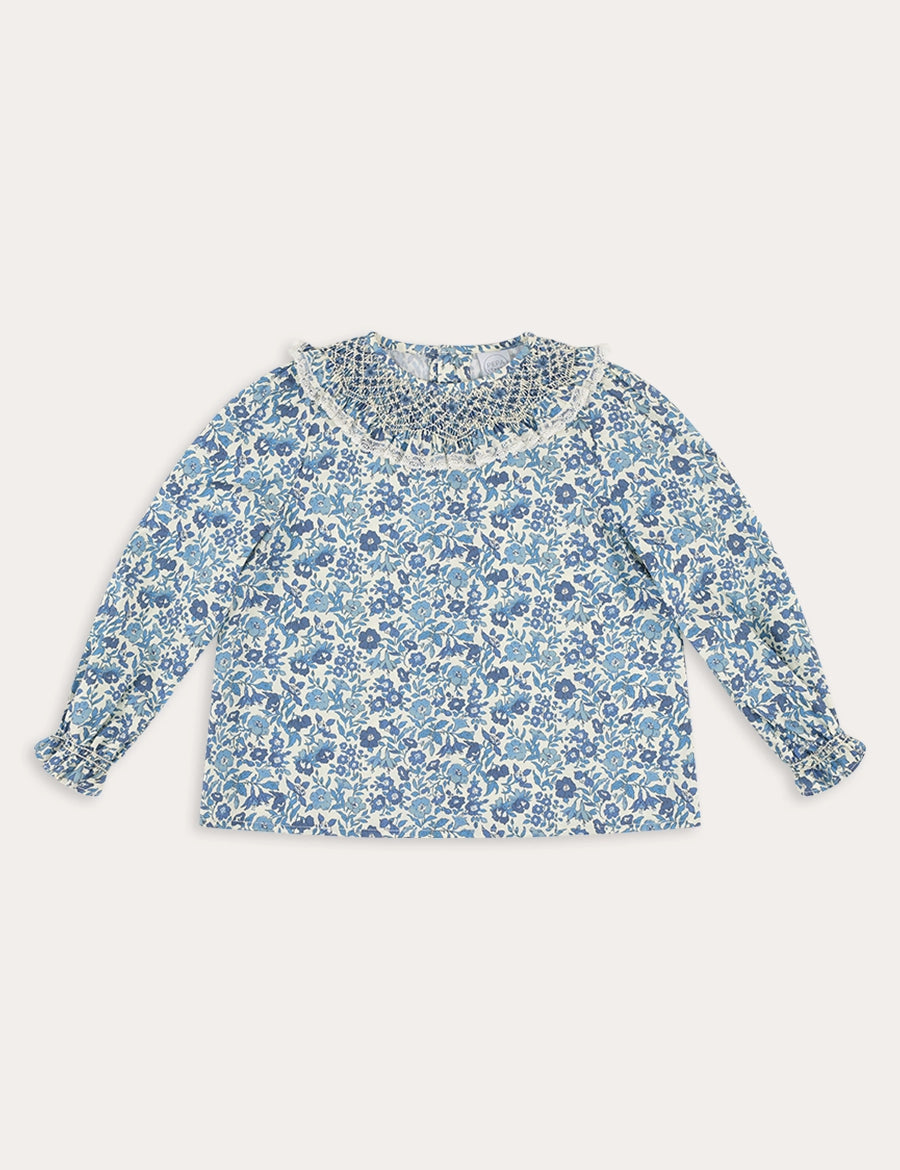 Daphne Floral Hand Smocked Blouse in Blue (18mths-10yrs) Blouses from Pepa London