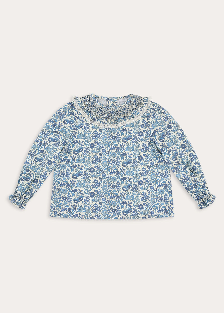 Daphne Floral Hand Smocked Blouse in Blue (18mths-10yrs) Blouses from Pepa London
