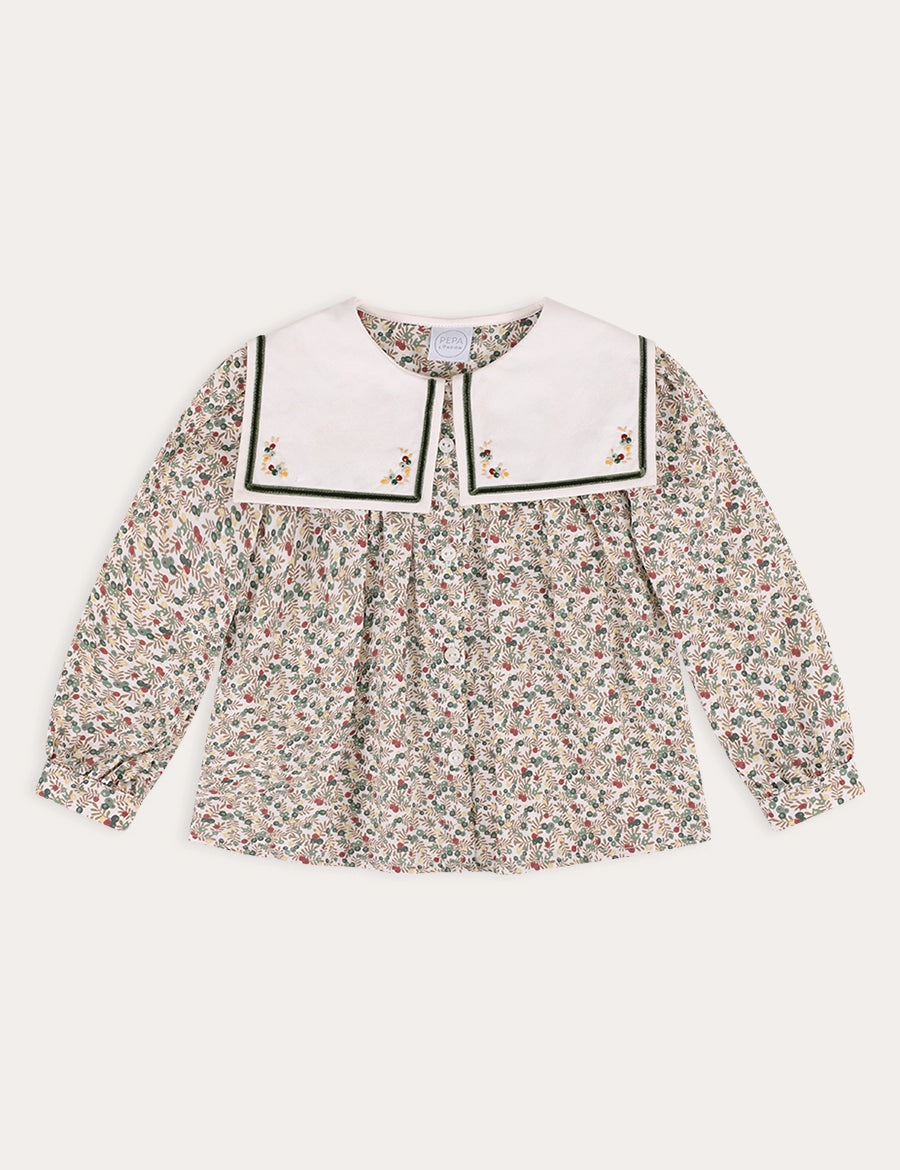 Evelyn Floral Mariner Collar Blouse in Green (18mths-10yrs) Blouses from Pepa London