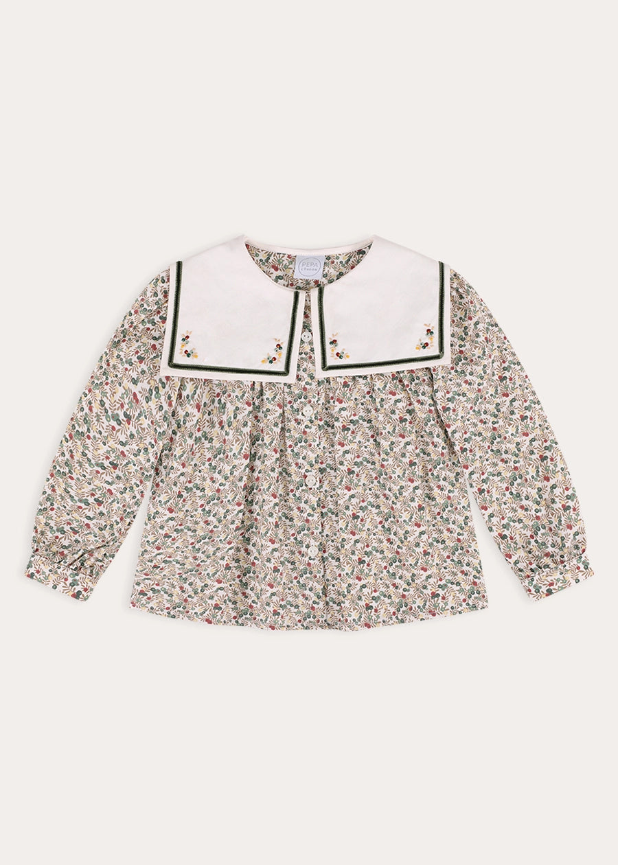 Evelyn Floral Mariner Collar Blouse in Green (18mths-10yrs) Blouses from Pepa London