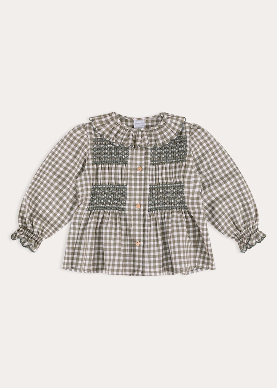 Westbury Gingham Smocked Blouse in Green (18mths-10yrs) Blouses from Pepa London
