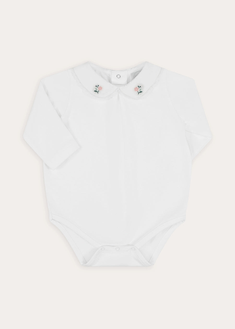 Floral Embroidered Collar Bodysuit in White (6mths-3yrs) Tops & Bodysuits from Pepa London