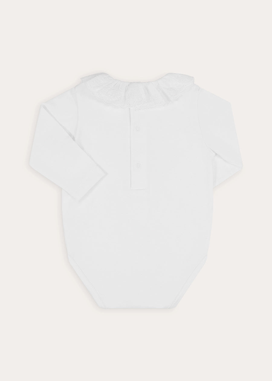 Ruffle Collar Long Sleeve Bodysuit in White (1mth-3yrs) Tops & Bodysuits from Pepa London