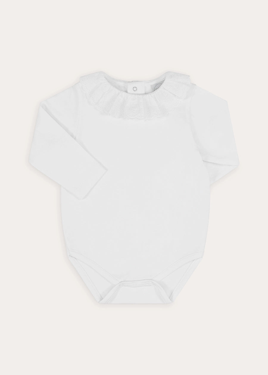 Ruffle Collar Long Sleeve Bodysuit in White (1mth-3yrs) Tops & Bodysuits from Pepa London