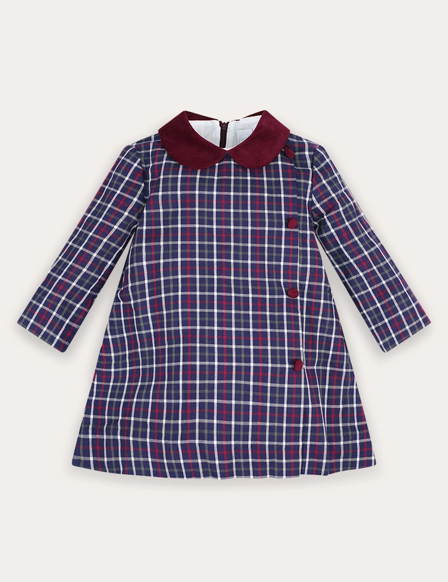 Newton Check Long Sleeve Velvet Collar Dress in Navy (18mths-10yrs) Dresses from Pepa London