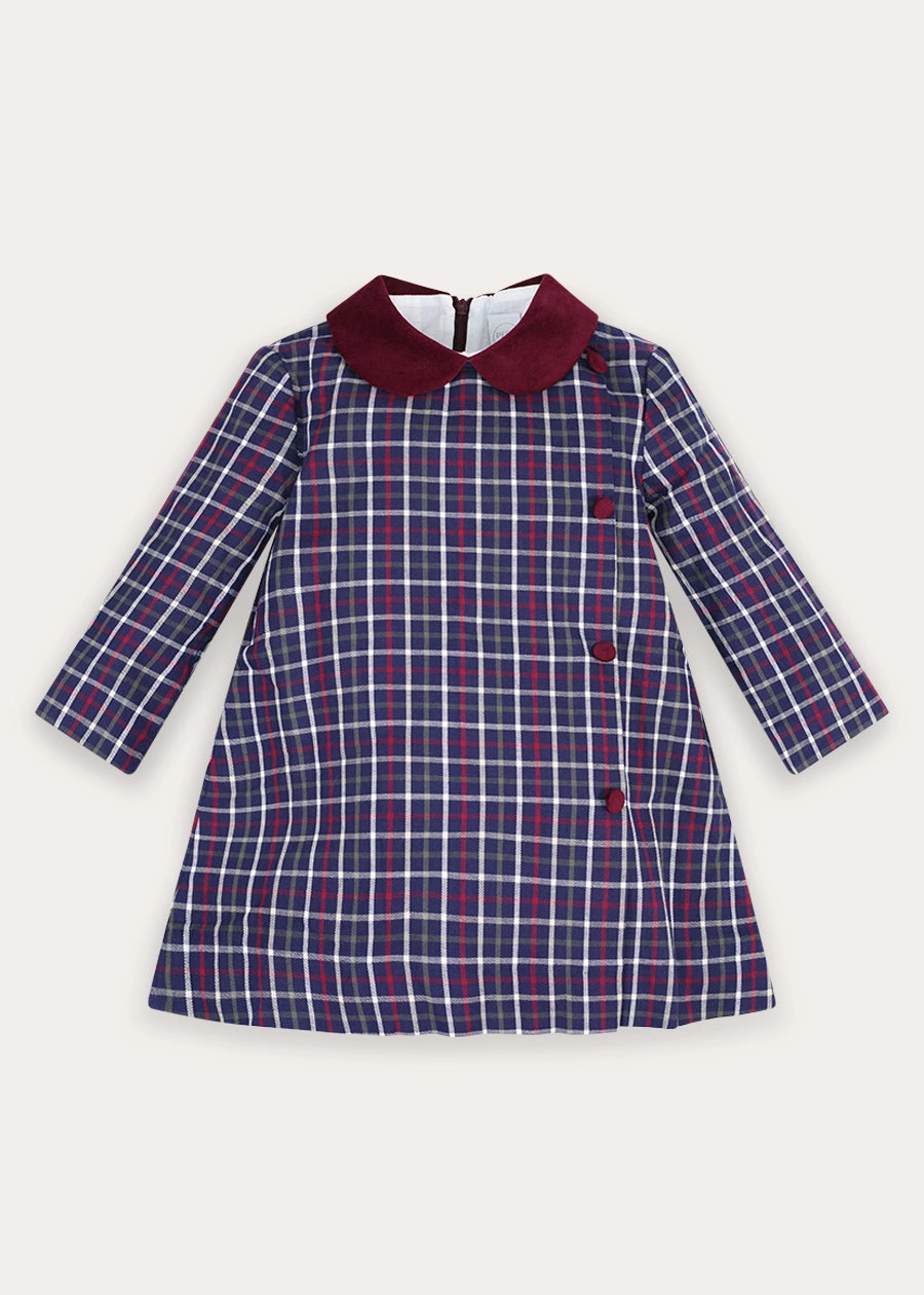 Newton Check Long Sleeve Velvet Collar Dress in Navy (18mths-10yrs) Dresses from Pepa London
