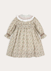 Evelyn Floral Hand Smocked Long Sleeve Dress in Yellow (18mths-10yrs)