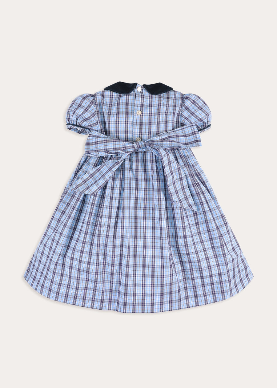 Kingsley Check Hand Smocked Double Breasted Short Sleeve Dress in Blue (18mths-10yrs) Dresses from Pepa London