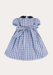 Kingsley Check Hand Smocked Double Breasted Short Sleeve Dress in Blue (18mths-10yrs) Dresses from Pepa London