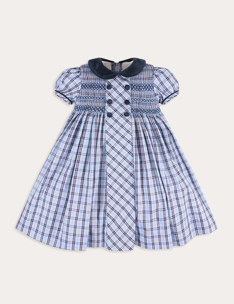 Kingsley Check Hand Smocked Double Breasted Short Sleeve Dress in Blue (18mths-10yrs) Dresses from Pepa London