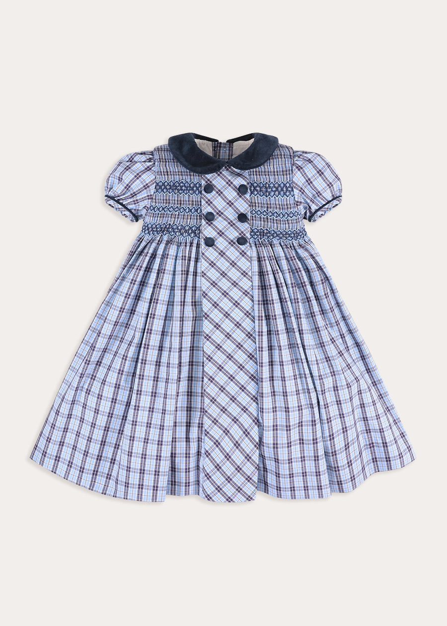 Kingsley Check Hand Smocked Double Breasted Short Sleeve Dress in Blue (18mths-10yrs) Dresses from Pepa London