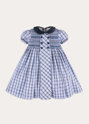 Kingsley Check Hand Smocked Double Breasted Short Sleeve Dress in Blue (18mths-10yrs) Dresses from Pepa London