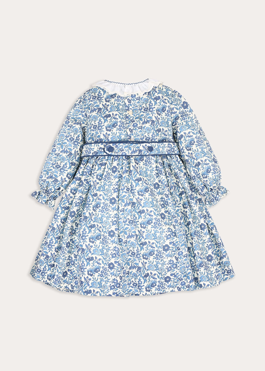 Daphne Floral Hand Smocked Frill Collar Long Sleeve Dress in Blue (18mths-10yrs) Dresses from Pepa London