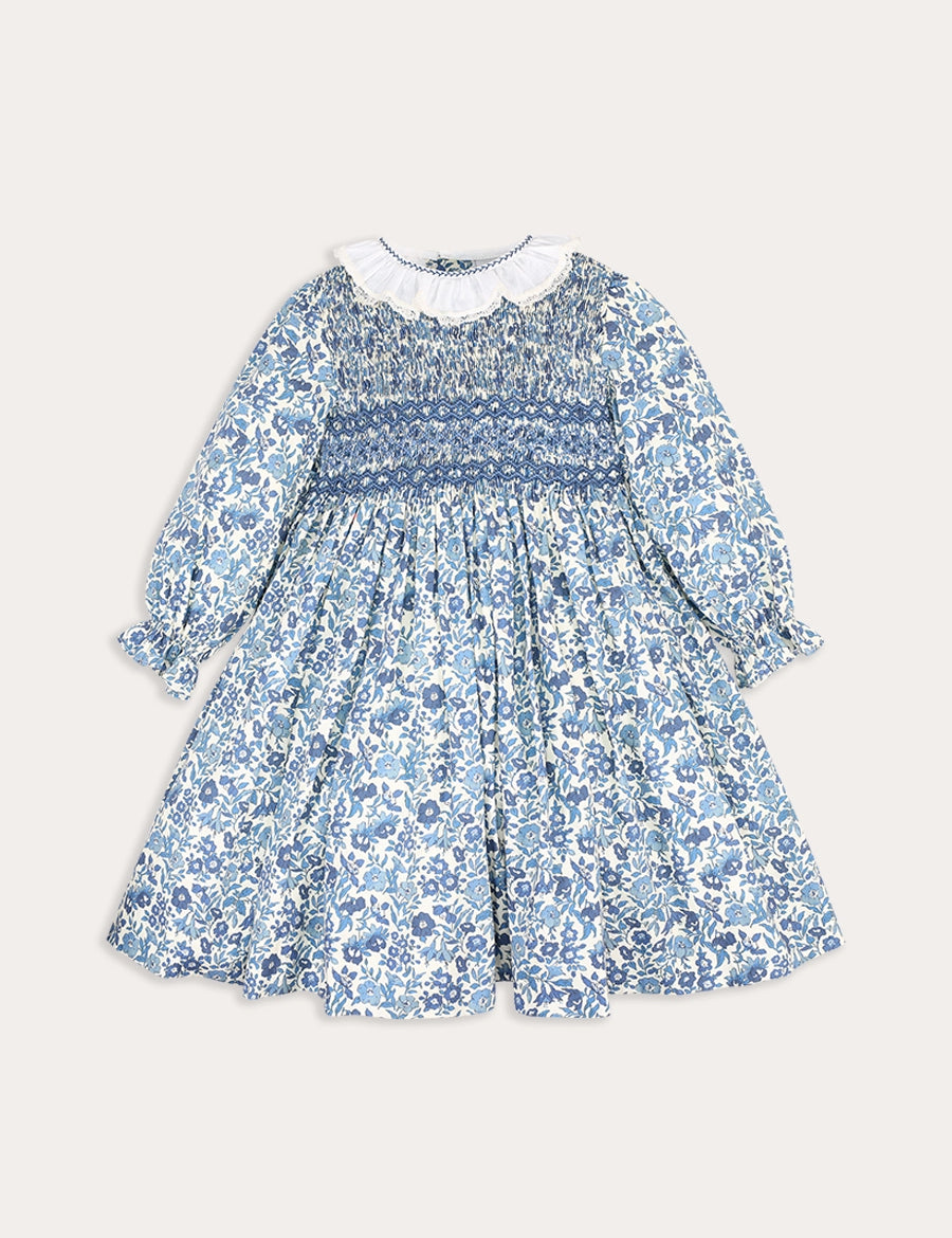 Daphne Floral Hand Smocked Frill Collar Long Sleeve Dress in Blue (18mths-10yrs) Dresses from Pepa London