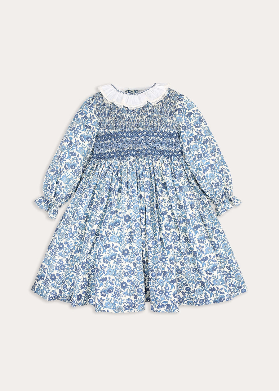 Daphne Floral Hand Smocked Frill Collar Long Sleeve Dress in Blue (18mths-10yrs) Dresses from Pepa London
