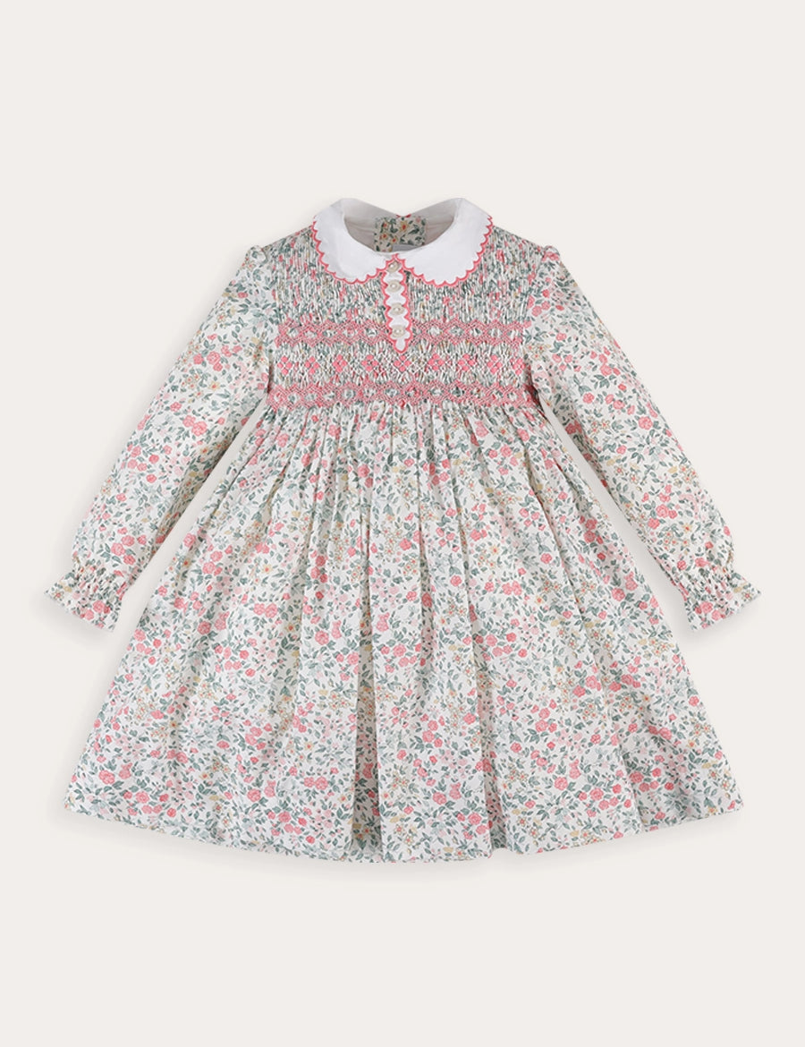 Violet Floral Hand Smocked-Long Sleeve Dress in Pink (12mths-8yrs) Dresses from Pepa London