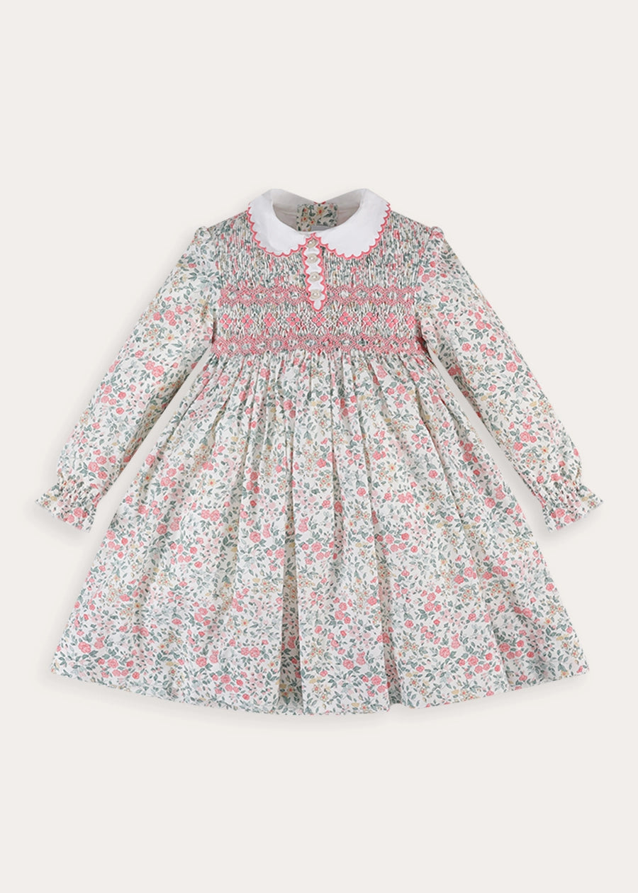 Violet Floral Hand Smocked-Long Sleeve Dress in Pink (12mths-8yrs) Dresses from Pepa London