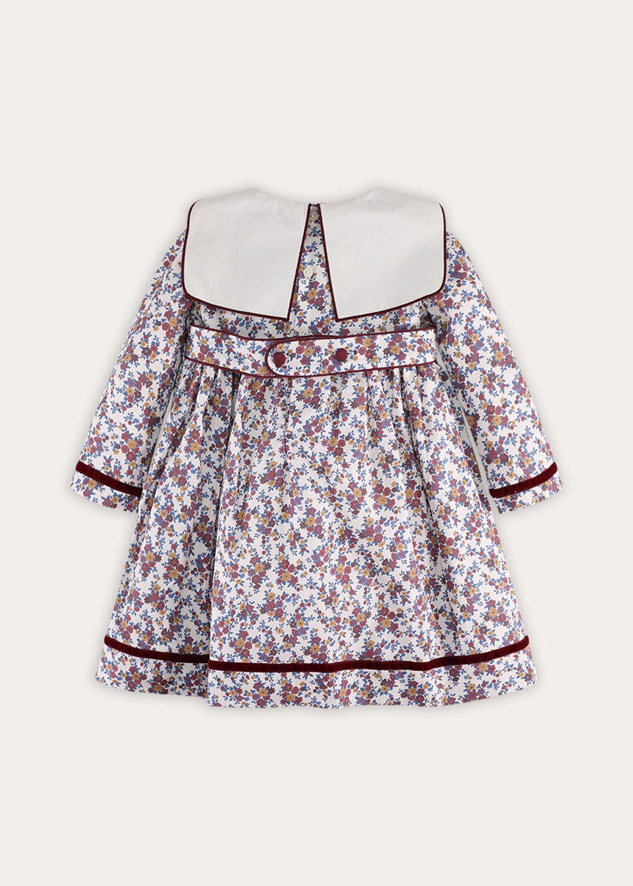 Victoria Floral Scallop Mariner Collar Long Sleeve Dress in Burgundy (18mths-10yrs) Dresses from Pepa London